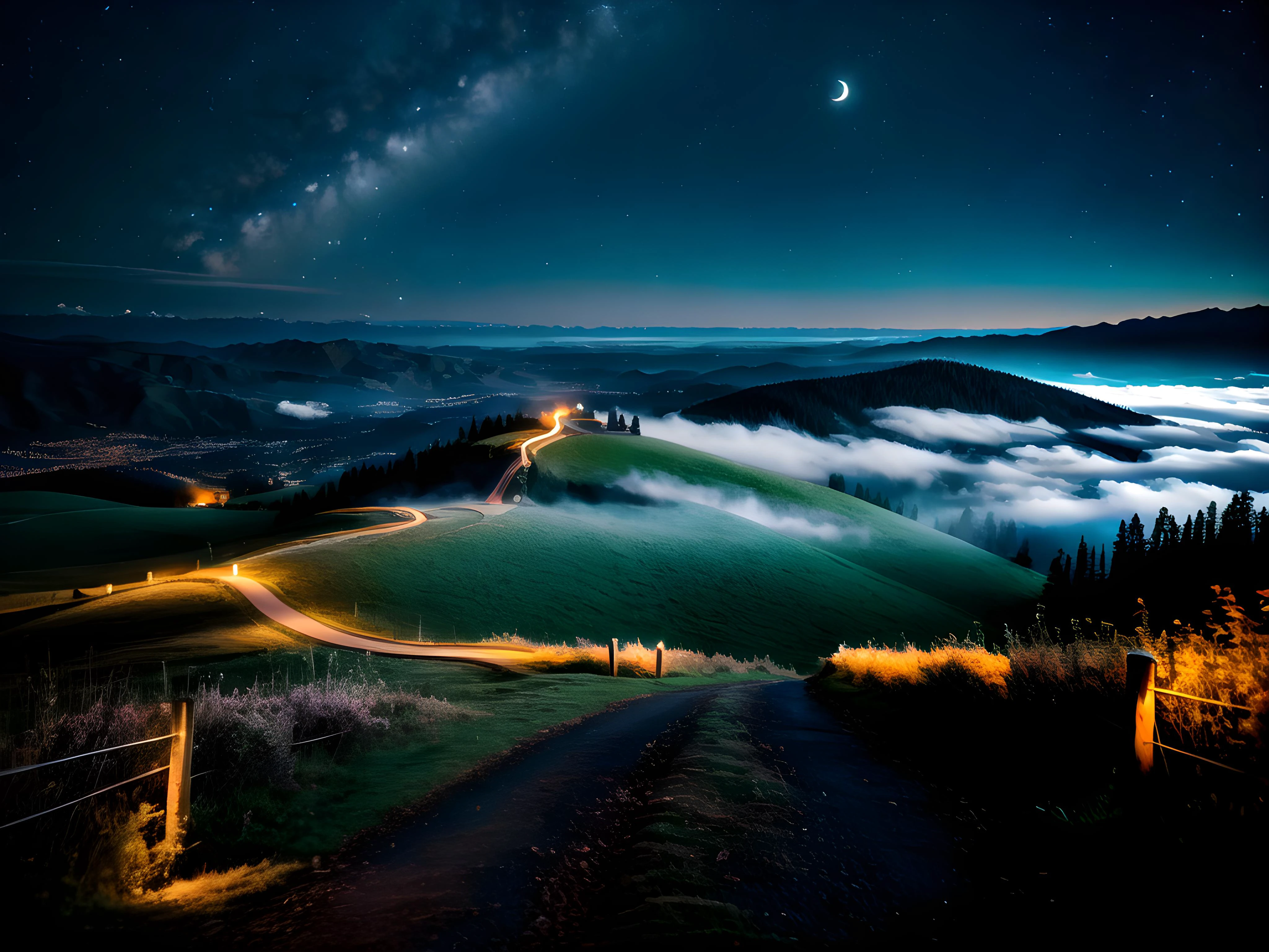 dark path in misty hills, fireflies, will-o-wisps, mystic, crescent moon, ghosts, ancient ruins on background, nighttime++, (glowing fog)1,2, muted colors, aesthetic, (Dark Fantasy)0,9, Otherworldly, Surreal, 16K, dreamy, dark mode, Starlight0,9, moonlight, Ambrotype, beautiful, masterpiece, highest quality, 32k, depth of field, best quality, cinematic, movie still, high contrast, dramatic lighting, atmospheric, volumetric lighting, perfect, HDR, absurdres, celestial, crystalline, natural wonder, expressive, nice looking, vaporwave, cold light <lora:epi_noiseoffset2:0.5>
