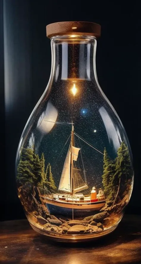 best quality, in glass bottle, Canyon Mountain Pine,Celestial Orbits,Plateau,Sailboat <lora:Bottle_Sora:1@0,.5@.4>,