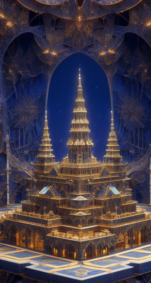 best quality, (masterpiece:1.1), ((sharp focus)), Celestial Library of Astronomical Lore, Polycarbonate Panels,Lapis Lazuli, Bonfires, Cove Lighting in ((isometric style)) at morning, (extremely intricate fractal mandelbulb:1.3), dramatic, award winning,