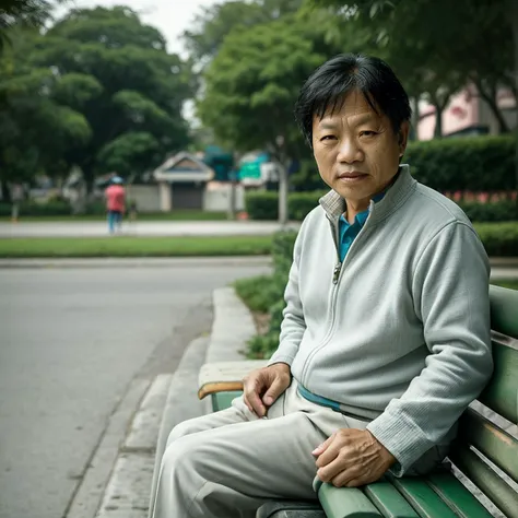 cinematic, ultra High definition photo of wise middle age Asian man sitting on the bench at busy neighborhood, best quality, high quality, good