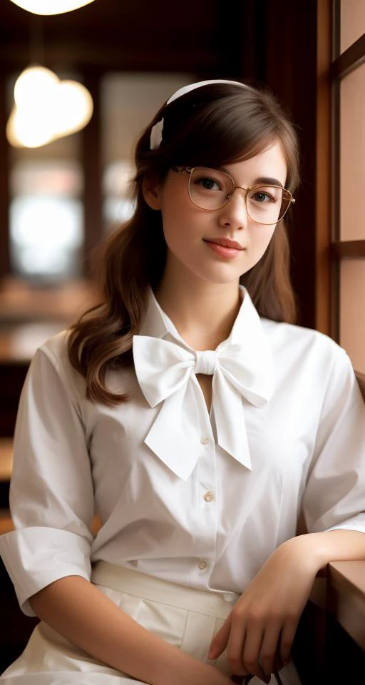 best quality, A photo of a young, nerdy woman sitting in a caf, wearing a white shirt and a bow, surrounded by a cozy atmosphere, looking at the viewer,