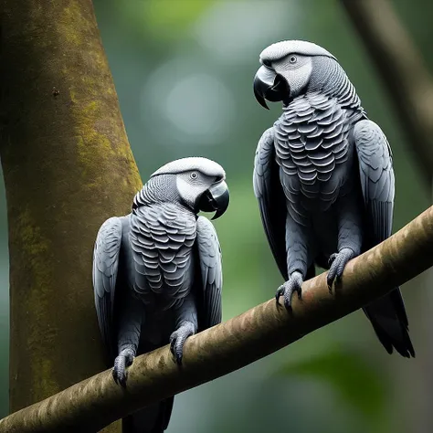 8k, dslr photo, 2 african grey parrot cuddling , Canon 100mm F2.8, dawn, rainforest , tropical forest, mahogany tree, ebony tree,treebark, morning fog, best quality, high quality, good