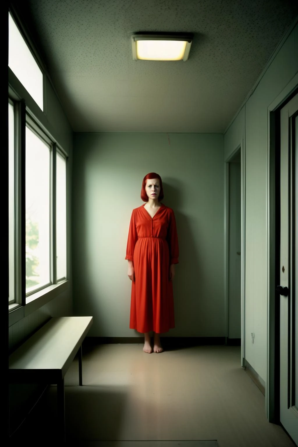 cinematic photography, color, psychologically-charged, suburban 1970s interior, lonely, muted colors, natural lighting, melancholic, disturbing, surreal, professional photo, vivid colors, by Gregory Crewdson, inspired by Diane Arbus, inspired by Edward Hopper, Sinar P2, Arca-Swiss F-Metric 8x10, Kodak Portra 160, 400NC