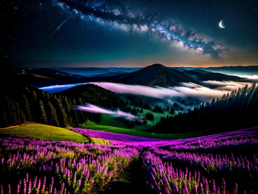 dark path in misty hills, fireflies, will-o-wisps, mystic, crescent moon, ghosts, ancient ruins on background, nighttime++, (glowing fog)1,2, muted colors, aesthetic, (Dark Fantasy)0,9, Otherworldly, Surreal, 16K, dreamy, dark mode, Starlight0,9, moonlight, Ambrotype, beautiful, masterpiece, highest quality, 32k, depth of field, best quality, cinematic, movie still, high contrast, dramatic lighting, atmospheric, volumetric lighting, perfect, HDR, absurdres, celestial, crystalline, natural wonder, expressive, nice looking, vaporwave, cold light <lora:epi_noiseoffset2:0.5>