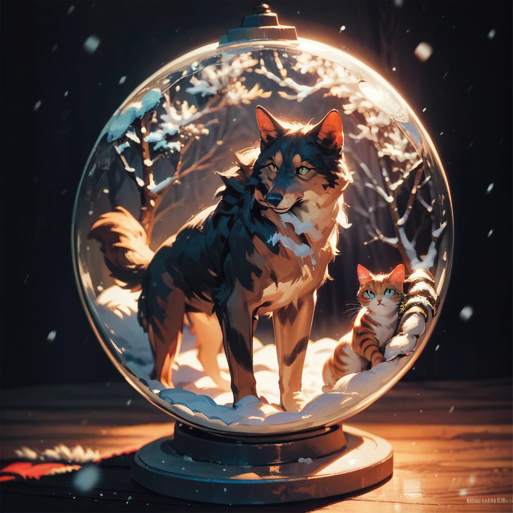 score_9, score_8_up, score_7_up, snow globe,cat and wolf,((masterpiece,best quality)) <lora:add-detail-xl:1><lora:snow_globe:1> <lora:Anime Summer Days Style SDXL_LoRA_Pony Diffusion V6 XL:1>,black background,The snowstorm inside