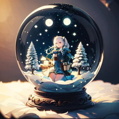 <lora:snow_globe:0.8>, snow_globe,((masterpiece,best quality)), absurdres, <lora:Solise_AFK:0.7>, Solise_AFK,   solo, smiling, looking at viewer, cowboy shot, forest in background, ,