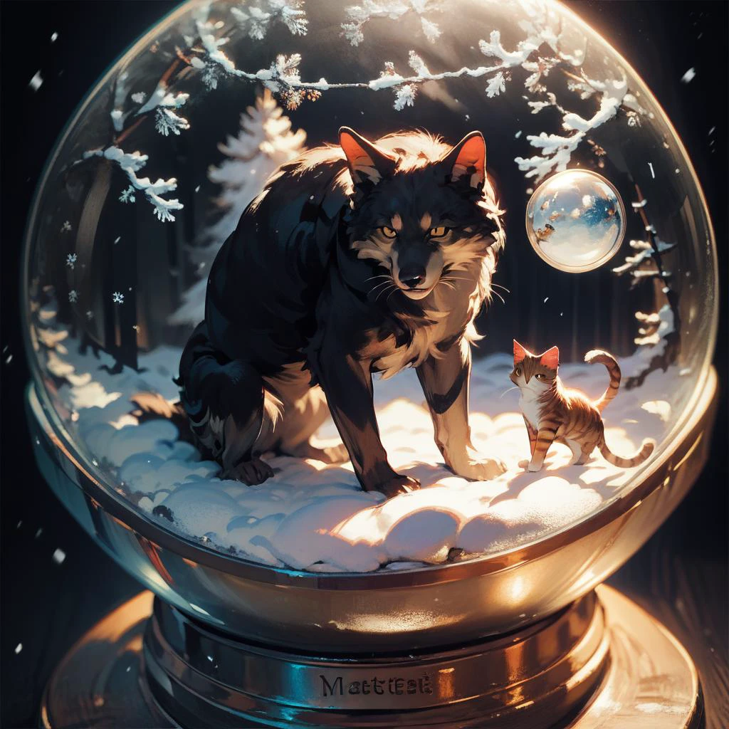 score_9, score_8_up, score_7_up, snow globe,cat and wolf,((masterpiece,best quality)) <lora:add-detail-xl:1><lora:snow_globe:1> <lora:Anime Summer Days Style SDXL_LoRA_Pony Diffusion V6 XL:1>,black background,The snowstorm inside