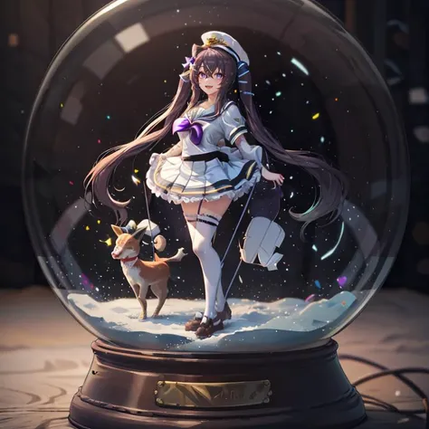 <lora:snow_globe:0.8>, snow_globe,absurdres, highres, ultra detailed, smile,open mouth,standing, looking at viewer,tracen school uniform, summer uniform, serafuku, puffy short sleeves, bowtie, horseshoe ornament, sailor collar, sailor shirt, frills, white skirt, purple shirt, miniskirt, zettai ryouiki, white thighhighs, brown footwear, shoes,<lora:viblos_v1:0.65>,viblos \(umamusume\),twintails, brown hair, long hair, hat,large breasts, purple eyes, multicolored hair, ear ornament, hair ribbon,