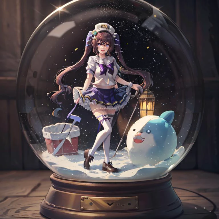 <lora:snow_globe:0.8>, snow_globe, in container,absurdres, highres, ultra detailed, smile,open mouth,standing, looking at viewer,tracen school uniform, summer uniform, serafuku, puffy short sleeves, bowtie, horseshoe ornament, sailor collar, sailor shirt, frills, white skirt, purple shirt, miniskirt, zettai ryouiki, white thighhighs, brown footwear, shoes,<lora:viblos_v1:0.65>,viblos \(umamusume\),twintails, brown hair, long hair, hat,large breasts, purple eyes, multicolored hair, ear ornament, hair ribbon,