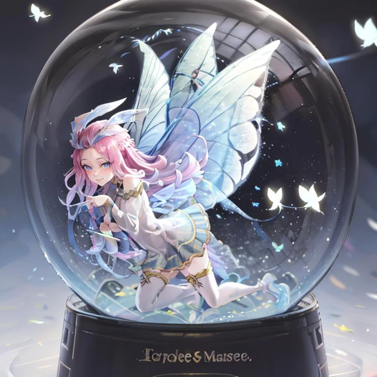 <lora:snow_globe:0.8>, snow_globe, in container,((masterpiece,best quality)), absurdres, <lora:Tasi_AFK_Anime:0.8>, Tasi_AFK, long pink hair, fairy, fairy wings, dress, thighhighs, side view, solo, smiling, looking at viewer, cowboy shot, , ,