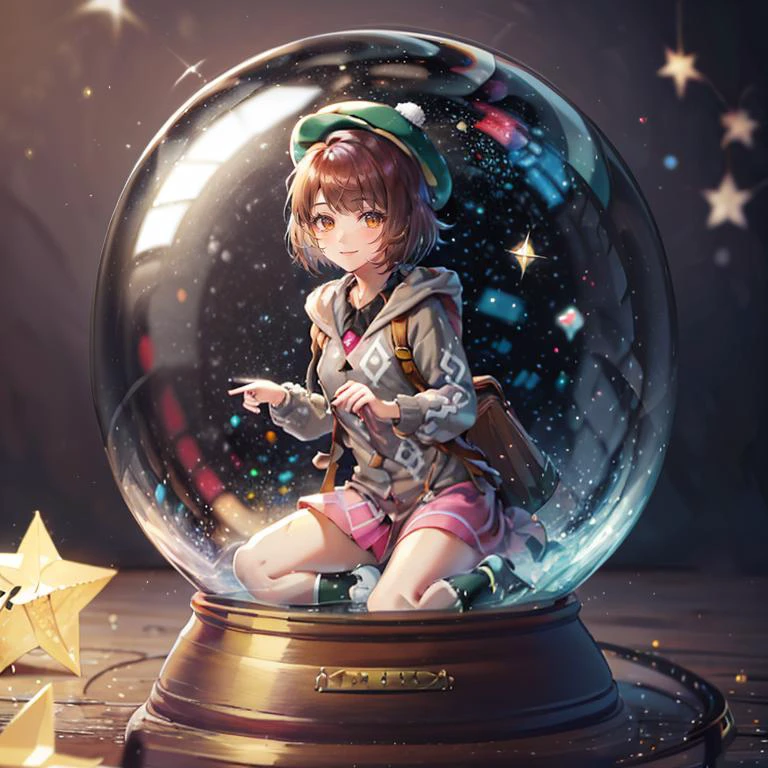 <lora:snow_globe:0.8>, snow_globe,((masterpiece,best quality)), absurdres, <lora:gloria_(pokemon)_v1:0.7>, gloria \(pokemon\), brown hair, solo, backpack, brown eyes, tam o' shanter, grey cardigan, pink dress, short hair, green socks, socks, brown bag, bob cut, bangs, long sleeves, collared dress, solo, smiling, looking at viewer, cowboy shot, ,