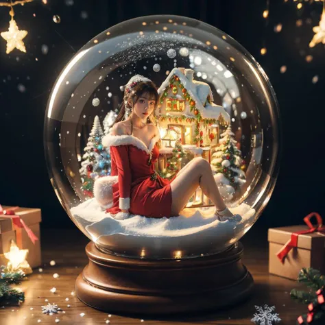 <lora:snow_globe:0.7>, snow globe, best quality, masterpiece, illustration, realistic, photo-realistic, amazing, finely detail, incredibly absurdres, huge filesize, ultra-detailed, highres, extremely detailed CG unity 8k wallpaper, ray tracing, A beautifully detailed round snow globe with a sexy Korean style anime girl inside wearing a sexy Mrs. Santa red mini dress with white fur trim that shows off her legs. Inside the snow globe with her is a miniature snow-covered gingerbread house with Christmas lights. There is also a small snowman next to a tiny Christmas tree with present underneath. White snow falls gently around them inside the crystal clear glass snow globe.