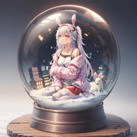 <lora:snow_globe:0.8>, snow_globe, in container,masterpiece, best quality, highres, aalaffey, long hair, collarbone, white shirt, white camisole, off shoulder, pink jacket, open clothes, long sleeves, pleated skirt, red skirt, white thighhighs, <lora:laffey_(azur_lane)_v1:0.7>,