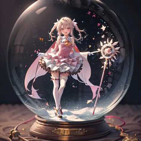 <lora:snow_globe:0.8>, snow_globe,masterpiece, best quality, highres, aaillya, long hair, two side up, hair ornament, small breasts, magical girl, cape, yellow ascot, pink dress, sleeveless, detached sleeves, white gloves, white skirt, pink thighhighs, <lora:illyasviel_von_einzbern_(fate_kaleid_liner)_v1:0.7>, smile, open mouth, standing, contrapposto,