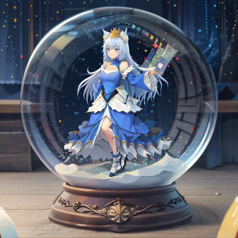 <lora:snow_globe:0.8>, snow_globe, in container,<lora:PlaythroughCertainDudeVRMMOLife:0.8>, FairyQueen, solo, smile,fox ears,