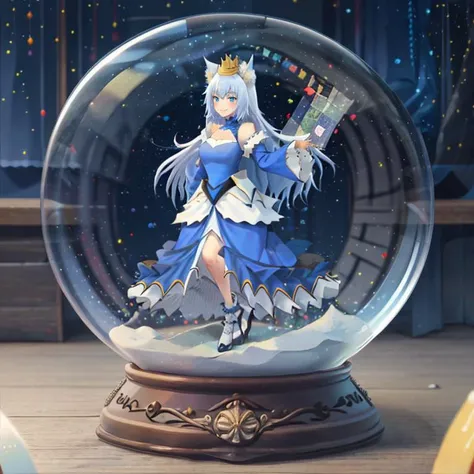 <lora:snow_globe:0.8>, snow_globe, in container,<lora:PlaythroughCertainDudeVRMMOLife:0.8>, FairyQueen, solo, smile,fox ears,