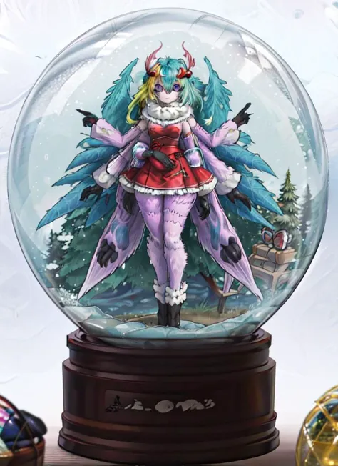((best quality)), ((highly detailed)), masterpiece, absurdres, (detailed eyes, deep eyes), (1girl), <lora:snow_globe:1>, snow_globe, in container, <lora:hairdetailer:.9>, <lora:aiomonstergirls_loraLocon:.8>, <lora:mothGirl:.75>, moth girl, (multicolored hair), green hair, long hair, , dark purple eyes, fur collar, furry moth wings, giant wings, symmetrical wings, big moth antennae, thick thighs, arthropod girl, joints, fluffy arms, <lora:ExtraArms:1>, ExtraArms, (extra arms), fluffy legs, insectoid arms, insectoid legs, small breasts, outside, in a forest, (indoors, at a hospital)