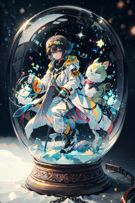 <lora:snow_globe:1> snow_globe,, ultra detailed, masterpiece, best quality, aesthetic, detailed,, ultra detailed, masterpiece, best quality, solo, smile, 1boy, green eyes, short hair, black hair, bangs, hair between eyes, messy hair, (goggles on head:1.2),, headband, white coat, hooded coat, hood down, open coat, turtleneck, capri pants, pants, black knee boots,