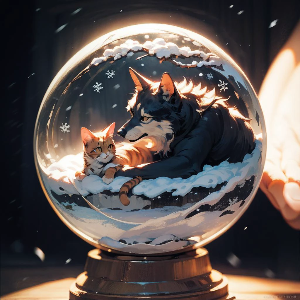 score_9, score_8_up, score_7_up, snow globe,cat and wolf,((masterpiece,best quality)) <lora:add-detail-xl:1><lora:snow_globe:1> <lora:Anime Summer Days Style SDXL_LoRA_Pony Diffusion V6 XL:1>,black background,The snowstorm inside