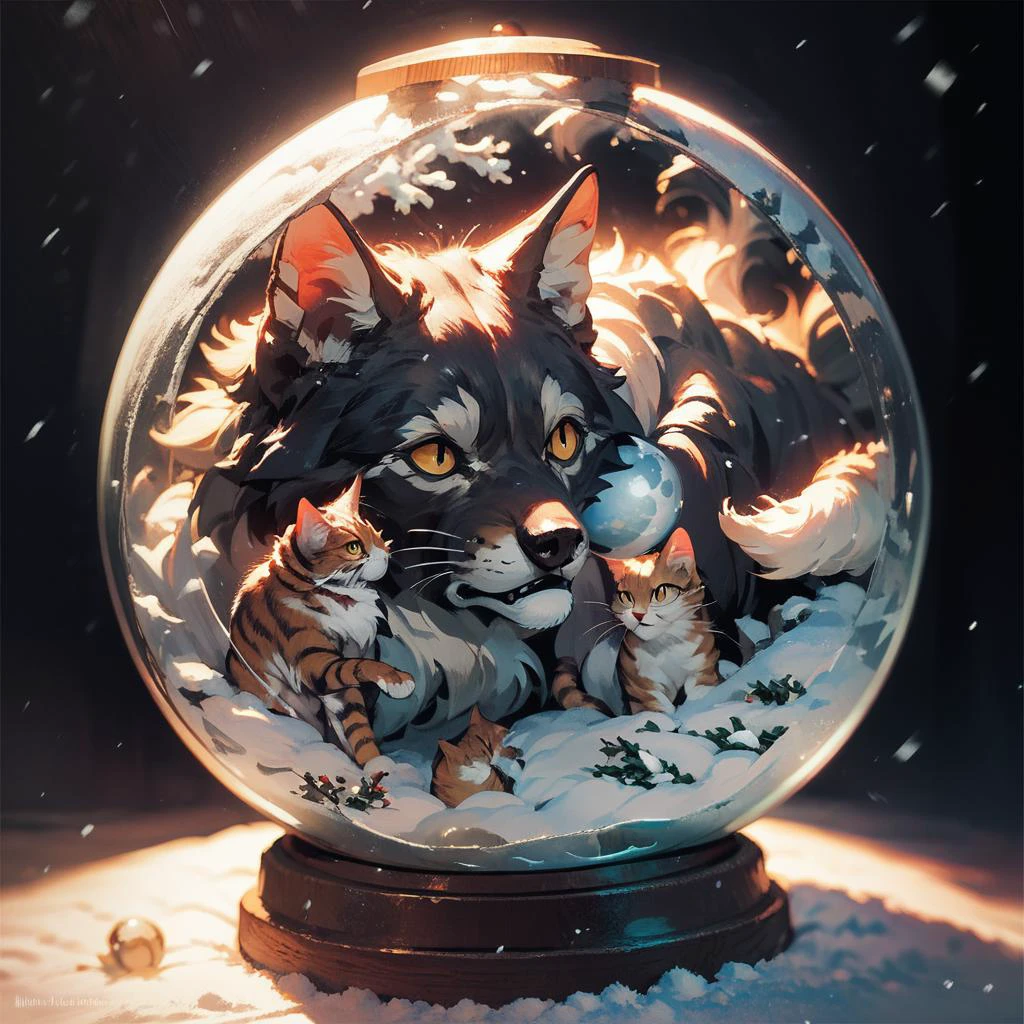 score_9, score_8_up, score_7_up, snow globe,cat and wolf,((masterpiece,best quality)) <lora:add-detail-xl:1><lora:snow_globe:1> <lora:Anime Summer Days Style SDXL_LoRA_Pony Diffusion V6 XL:1>,black background,The snowstorm inside <lora:diablo:1> diablo