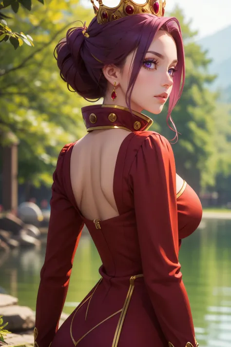 photorealistic, (4k), depth of field, (Masterpiece), (realistic skin texture), extremely detailed, intricate, hyper detailed, professional photography, bokeh, high resolution, sharp detail, best quality, woman, purple hair, purple eyes, red dress, high collar, long sleeves, crown, earrings,  <lora:GoodHands-vanilla:1> , <lora:detail_slider_v4:0.8> , <lora:Mirelia Q Melromarc:0.7> , dynamic pose, (turned away but looking back over her shoulder), river, nature, outdoors,large breasts,