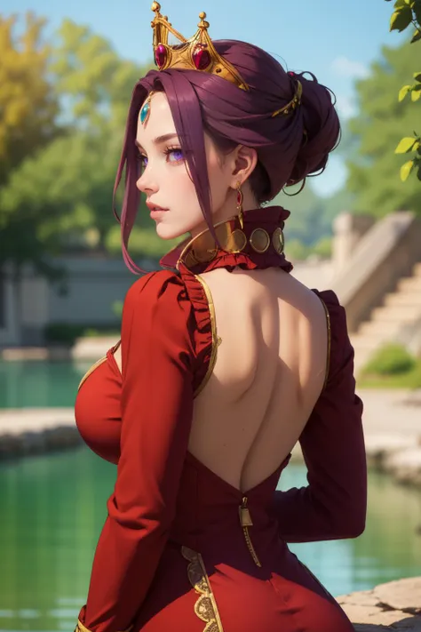 photorealistic, (4k), depth of field, (Masterpiece), (realistic skin texture), extremely detailed, intricate, hyper detailed, professional photography, bokeh, high resolution, sharp detail, best quality, woman, purple hair, purple eyes, red dress, high collar, long sleeves, crown, earrings,  <lora:GoodHands-vanilla:1> , <lora:detail_slider_v4:0.8> , <lora:Mirelia Q Melromarc:0.7> , dynamic pose, (turned away but looking back over her shoulder), river, nature, outdoors,large breasts,