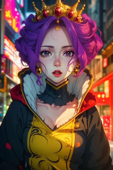 (Pathetic Vector image:1.3) of (Graphic novel:1.3) <lora:Mirelia Q Melromarc:1> crown, purple eyes, high collar, a woman with purple hair, earrings, royal dress, a woman in a purple and gold dress, purple hair, freckles,(Flat style:1.3),Illustration,Behance,(Saturated:1.3)