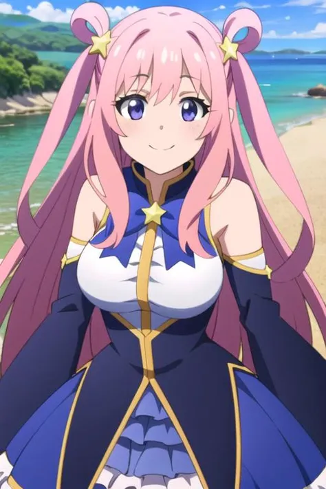 highres, ultra-detailed, best quality, masterpiece, <lora:hatsunepriconne:0.8>, 1girl, solo, pink hair, hair rings, sidelocks, two side up, purple eyes, detached sleeves, wide sleeves, frills, white shirt, medium breast, star hair ornament, looking at viewer, smile, beach,