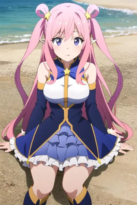 highres, ultra-detailed, best quality, masterpiece, <lora:hatsunepriconne:0.8>, 1girl, solo, pink hair, hair rings, sidelocks, two side up, purple eyes, detached sleeves, wide sleeves, frills, white shirt, medium breast, bow, star hair ornament, pointy ears, wrist cuffs, frilled skirt, blue footwear, boots, beach, sitting on the sand,