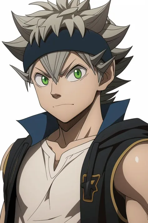 masterpiece, best quality, high quality, 1boy, solo, male focus, looking at viewer, upper body, <lora:asta:0.82>, asta, green eyes, headband, grey hair, spiked hair,,