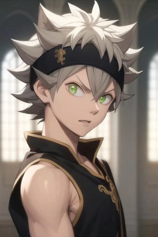 masterpiece, best quality, high quality, 1boy, solo, male focus, looking at viewer, upper body, <lora:asta:0.82>, asta, green eyes, headband, grey hair, spiked hair,