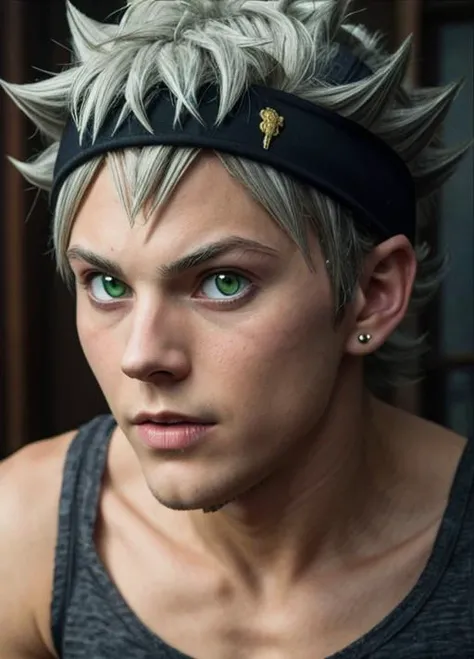 masterpiece, best quality, high quality, 1boy, solo, male focus, looking at viewer, upper body, <lora:asta:0.78>, asta, green eyes, headband, grey hair, spiked hair, (screams:1.2)