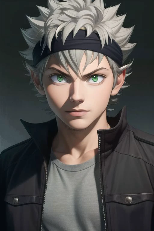 masterpiece, best quality, high quality, 1boy, solo, male focus, looking at viewer, upper body, <lora:asta:0.5>, asta, green eyes, headband, grey hair, spiked hair, realistic,