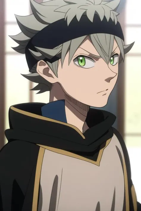 masterpiece, best quality, high quality, 1boy, solo, male focus, looking at viewer, upper body, <lora:asta:0.82>, asta, green eyes, headband, grey hair, spiked hair,