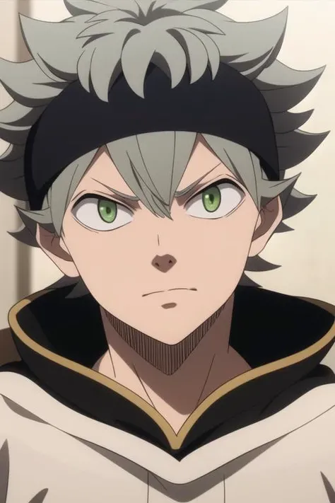 masterpiece, best quality, high quality, 1boy, solo, male focus, looking at viewer, upper body, <lora:asta:0.70>, asta, green eyes, headband, grey hair, spiked hair,