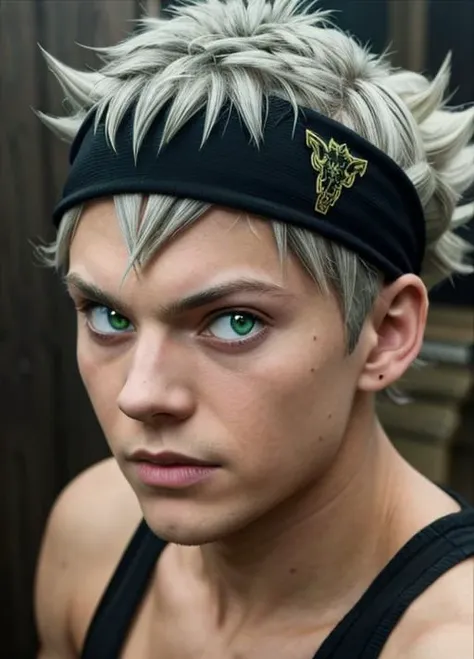 masterpiece, best quality, high quality, 1boy, solo, male focus, looking at viewer, upper body, <lora:asta:0.78>, asta, green eyes, headband, grey hair, spiked hair,
