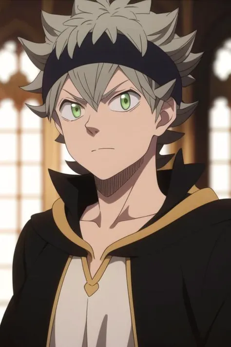 masterpiece, best quality, high quality, 1boy, solo, male focus, looking at viewer, upper body, <lora:asta:0.80>, asta, green eyes, headband, grey hair, spiked hair,