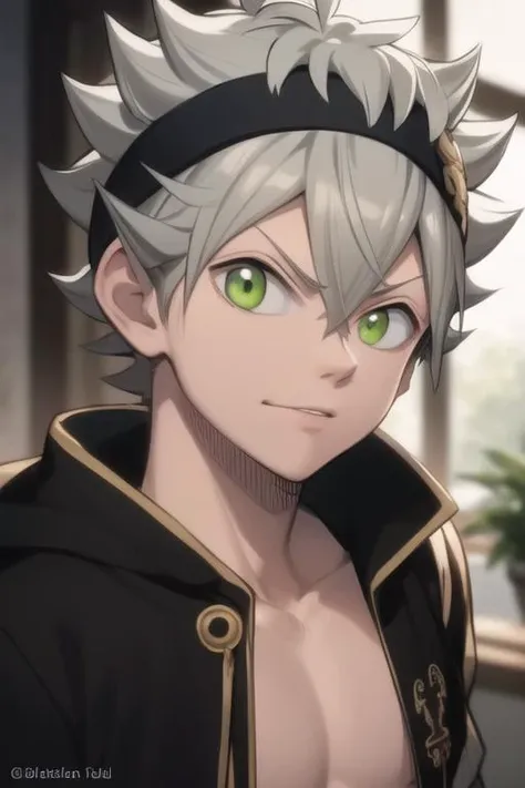 masterpiece, best quality, high quality, 1boy, solo, male focus, looking at viewer, upper body, <lora:asta:0.72>, asta, green eyes, headband, grey hair, spiked hair,