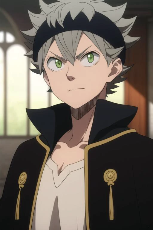 masterpiece, best quality, high quality, 1boy, solo, male focus, looking at viewer, upper body, <lora:asta:0.78>, asta, green eyes, headband, grey hair, spiked hair,