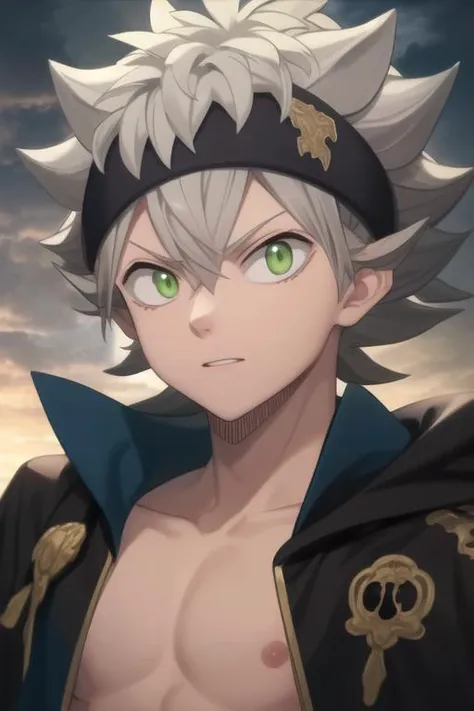 masterpiece, best quality, high quality, 1boy, solo, male focus, looking at viewer, upper body, <lora:asta:0.82>, asta, green eyes, headband, grey hair, spiked hair,