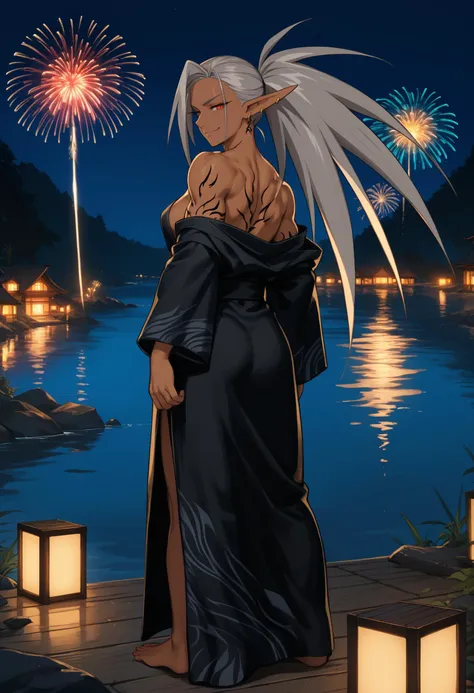 score_9, score_8_up, score_7_up, 1girl, solo, neytharone, dark elf, dark-skinned female, dark skin, slit pupils, red eyes, pointy ears, long hair, ponytail, grey hair, hair over one eye, medium breasts, toned, biceps,
ear piercing, full-body tattoo, black kimono, off-shoulder kimono, black glow,
looking at viewer, looking back, smile, smug, bedroom eyes, cowboy shot, rear view,
outdoors, night, dark, fireworks, river,
<lora:NeytharonePDXL_V1-Manityro-CAME:1.0>