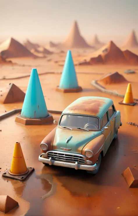 3d isometric, blender render, soft colorful-hued colors, (vintage tiny and cute tin toy car:1.4), <lora:car:0.9>, LU, vehicle focus, ground vehicle, motor vehicle, no humans, car, shadow, geometric gradients background, wheel, utility truck, (old, dirty, wear and tear, rust, scratches, rusty details:3), mad max fury road style, acid rain, radiation cloud, puffy clouds, traffic cones, sprawling desert landscape Two tone lighting, abstract geometric gradients, geometric shapes, simple background