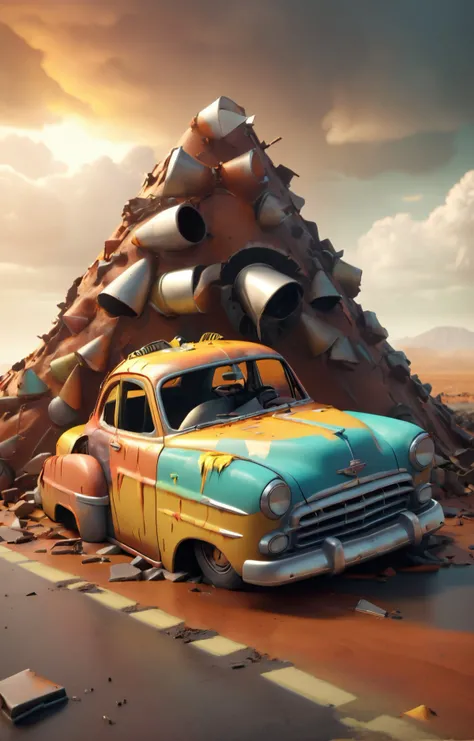 3d isometric, blender render, soft colorful-hued colors, (vintage tiny and cute tin toy car:1.4), <lora:car:0.9>, LU, vehicle focus, ground vehicle, motor vehicle, no humans, car, shadow, geometric gradients background, wheel, utility truck, (vehicle crash, trashed, old, dirty, wear and tear, rust, scratches, rusty details:3), mad max fury road style, acid rain, radiation cloud, puffy clouds, traffic lights and cones, sprawling desert landscape, asphalt, junkyard Two tone lighting, abstract geometric gradients, geometric shapes, simple background