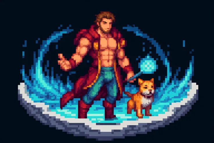 (illustration),anime, mature man, (human handsome guy), effect,fantasy, floating seal magic, mage, training room, pet dog, bulge, <lora:pixel sprites:0.8> pixel,pixel art,pixelart,xiangsu,xiang su