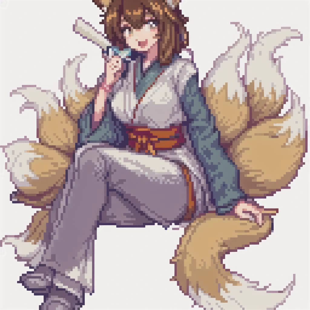 masterpiece,best quality,pixelsprite,pixel art,
1girl, animal ears, tail, fox ears, fox tail, multiple tails, solo, brown hair, white background, holding, sitting, crossed legs, fox girl, japanese clothes, open mouth, smile, hand fan, looking at viewer, hair ribbon, simple background, folding fan, sash, pants, ribbon, green eyes, kimono, full body, red ribbon, holding fan
<lora:FILTER-åç´ å·¥å
·ç®±:1>,