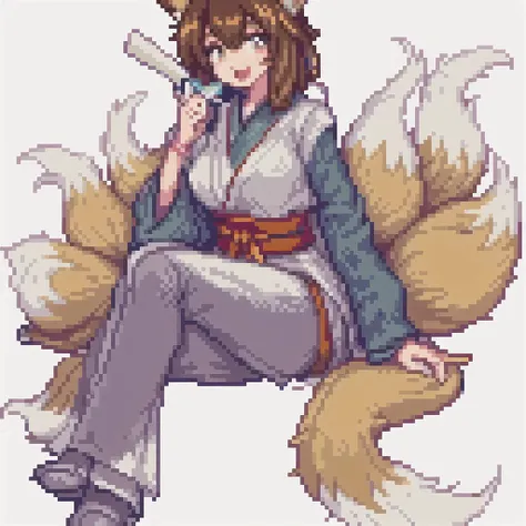 masterpiece,best quality,pixelsprite,pixel art,
1girl, animal ears, tail, fox ears, fox tail, multiple tails, solo, brown hair, white background, holding, sitting, crossed legs, fox girl, japanese clothes, open mouth, smile, hand fan, looking at viewer, hair ribbon, simple background, folding fan, sash, pants, ribbon, green eyes, kimono, full body, red ribbon, holding fan
<lora:FILTER-åç´ å·¥å·ç®±:1>,