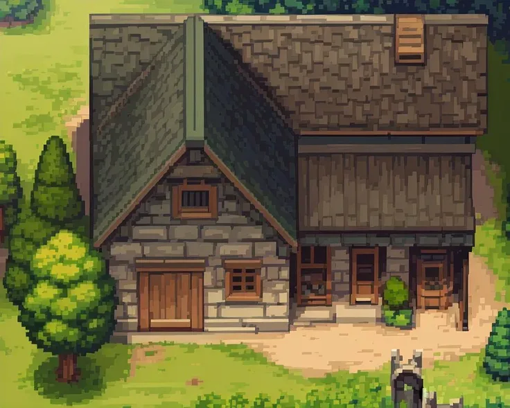 pixel,pixel art,pixelart,xiangsu,xiang su, best quality, masterpiece
top down, rpg maker,  fantasy, dynamic, (realistic,from above, Subdued Colors,  super detailed , high resolution :1.3),  leaves, detailed, blue shading, blended,  house, grass, trees, stone, wood, windows, roof, door, 32x32px tile,  top-down tileset, high resolution, 32x32px,  higher resolution, 
 <lora:xiangsu_20230817162955:0.4>   <lora:pixel sprites:0.4>