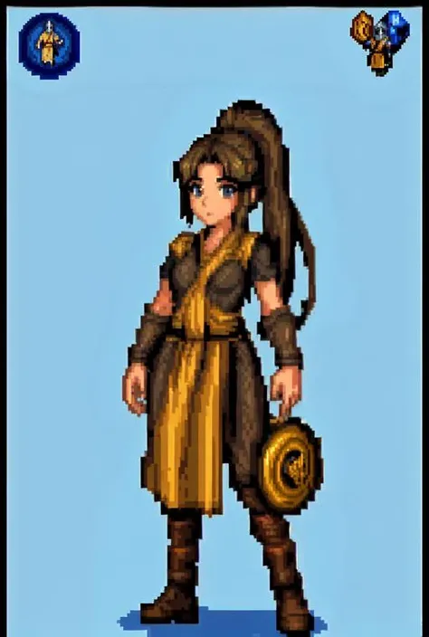 wrguard, pixel, pixel art, pixelart, xiangsu, xiang su, 16bit, 1girl, ponytail, full body, clothes around waist, Solid background, <lora:pixel (11):0.7>, masterpiece, best, quality, <lora:WRGuard:1>