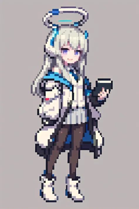 masterpiece, best quality, pixel,pixel art,pixelart,xiangsu,xiang su, noaba, 1girl, solo, pantyhose, long hair, white suit, id card, smile, holding, blue necktie, pleated skirt, white jacket, off shoulder, book, looking at viewer, headphones, open clothes, holding book, mechanical halo, gun, high heel boots, white footwear, <lora:noav1.2-000006:1> <lora:pixel sprites:1>