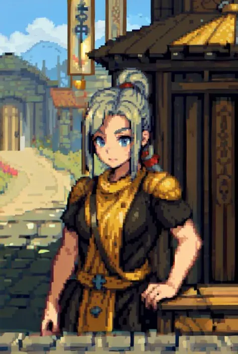 wrguard, pixel, pixel art, pixelart, xiangsu, xiang su, 16bit, 1girl, ponytail, upper body, (no helmet:1.2), fantasy town, <lora:pixel (11):0.7>, masterpiece, best, quality, cube, <lora:WRGuard:1>